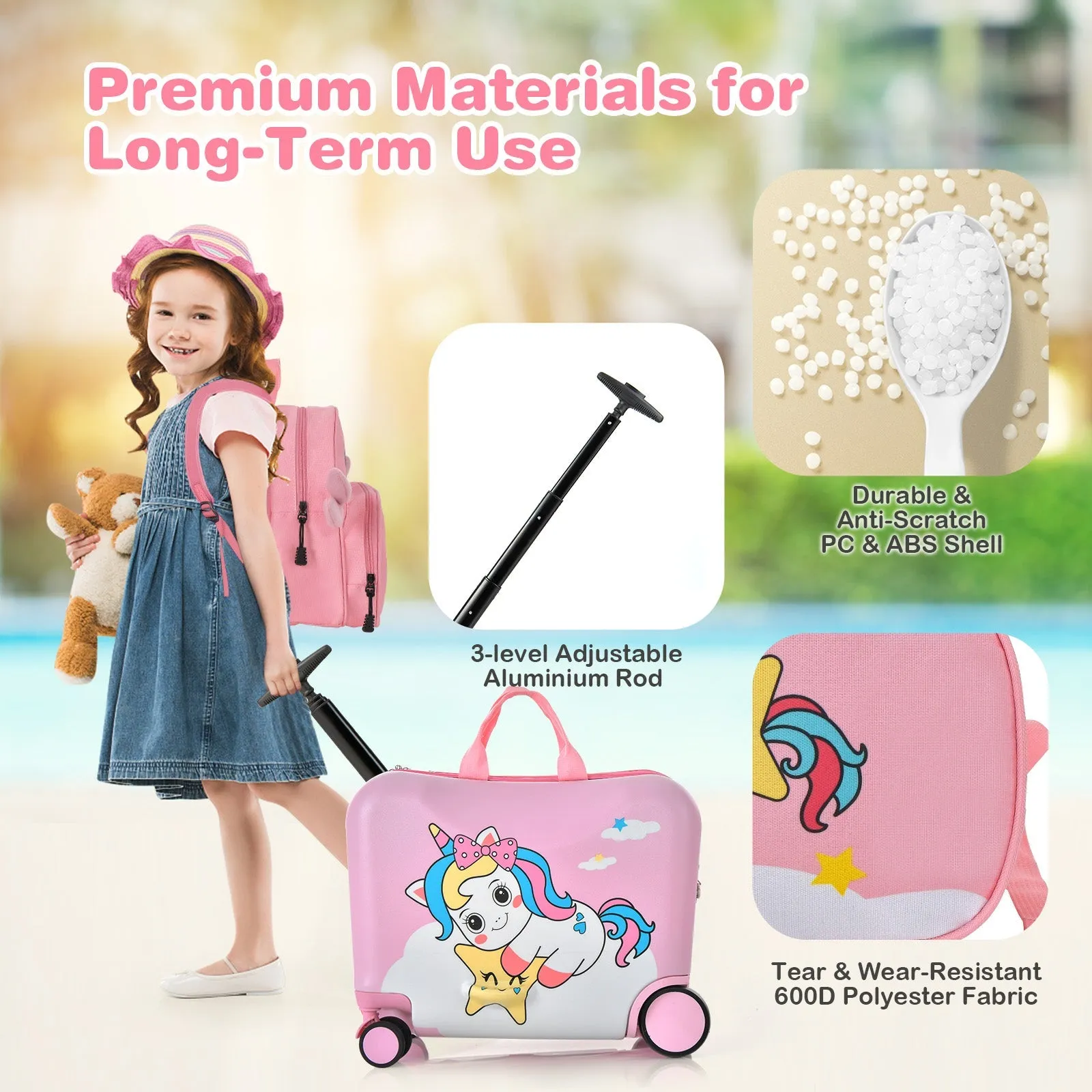 2 Pieces Kids Luggage Set with Spinner Wheels and Anti-Lose Rope-Pink