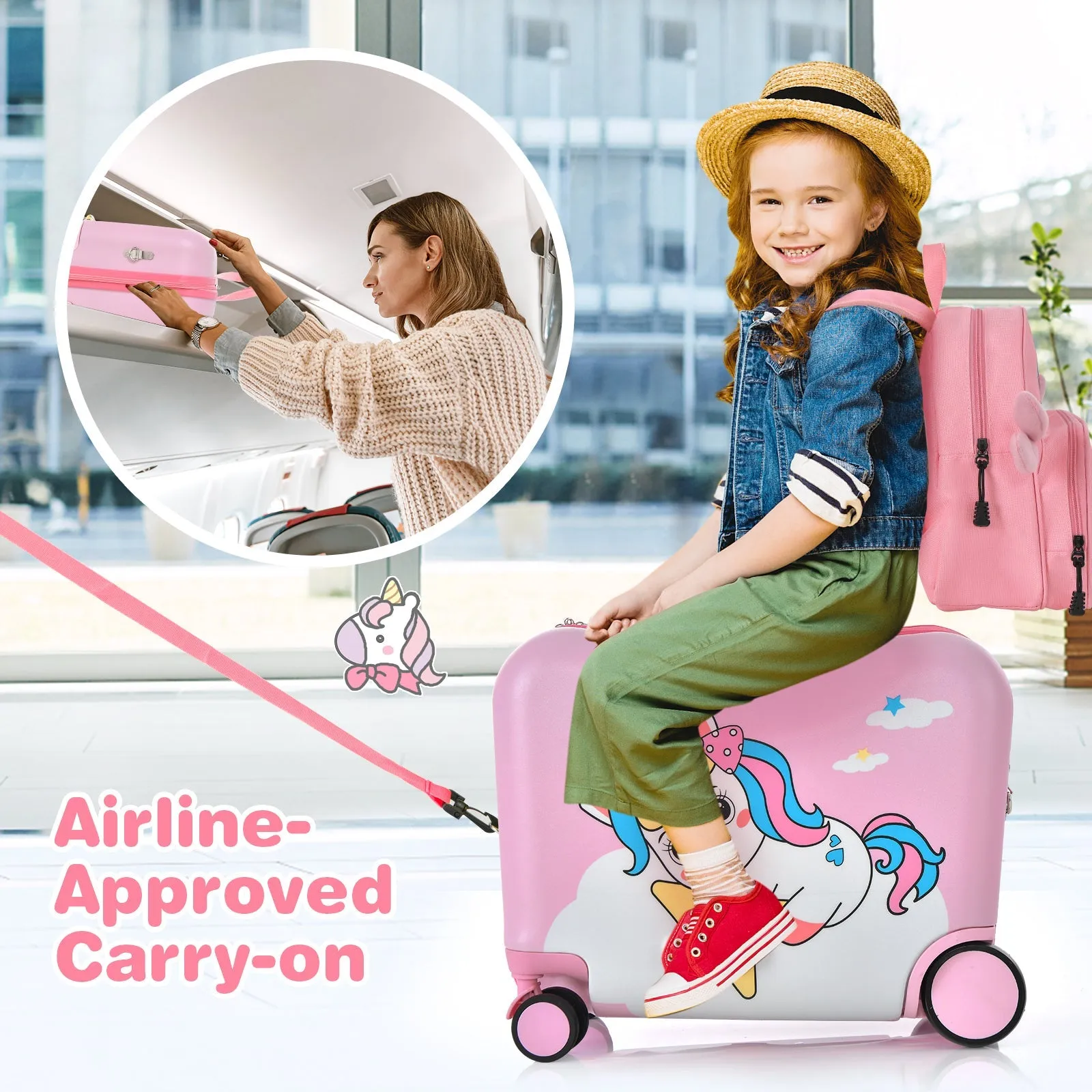 2 Pieces Kids Luggage Set with Spinner Wheels and Anti-Lose Rope-Pink