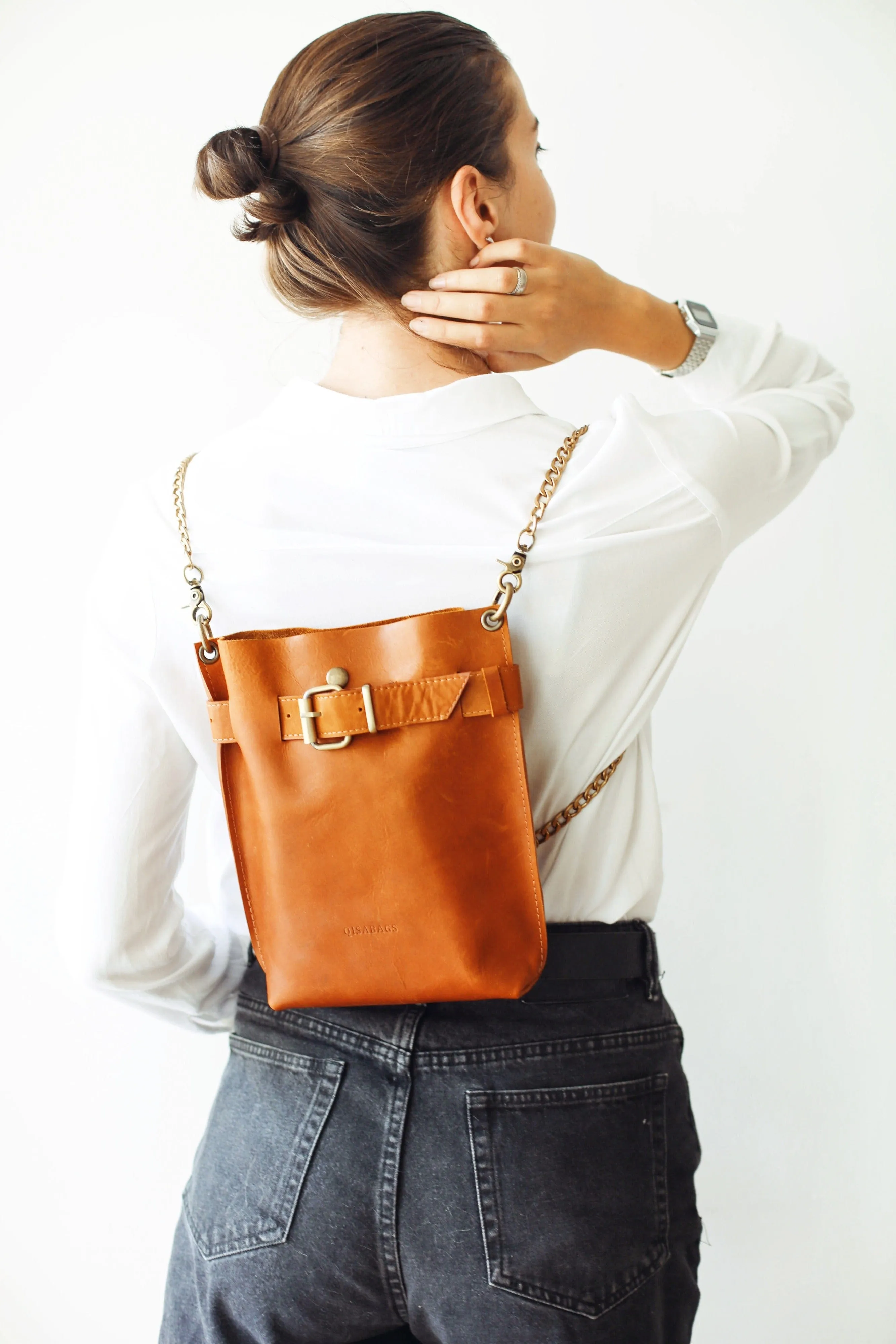 Brown Leather Bag w/Chain