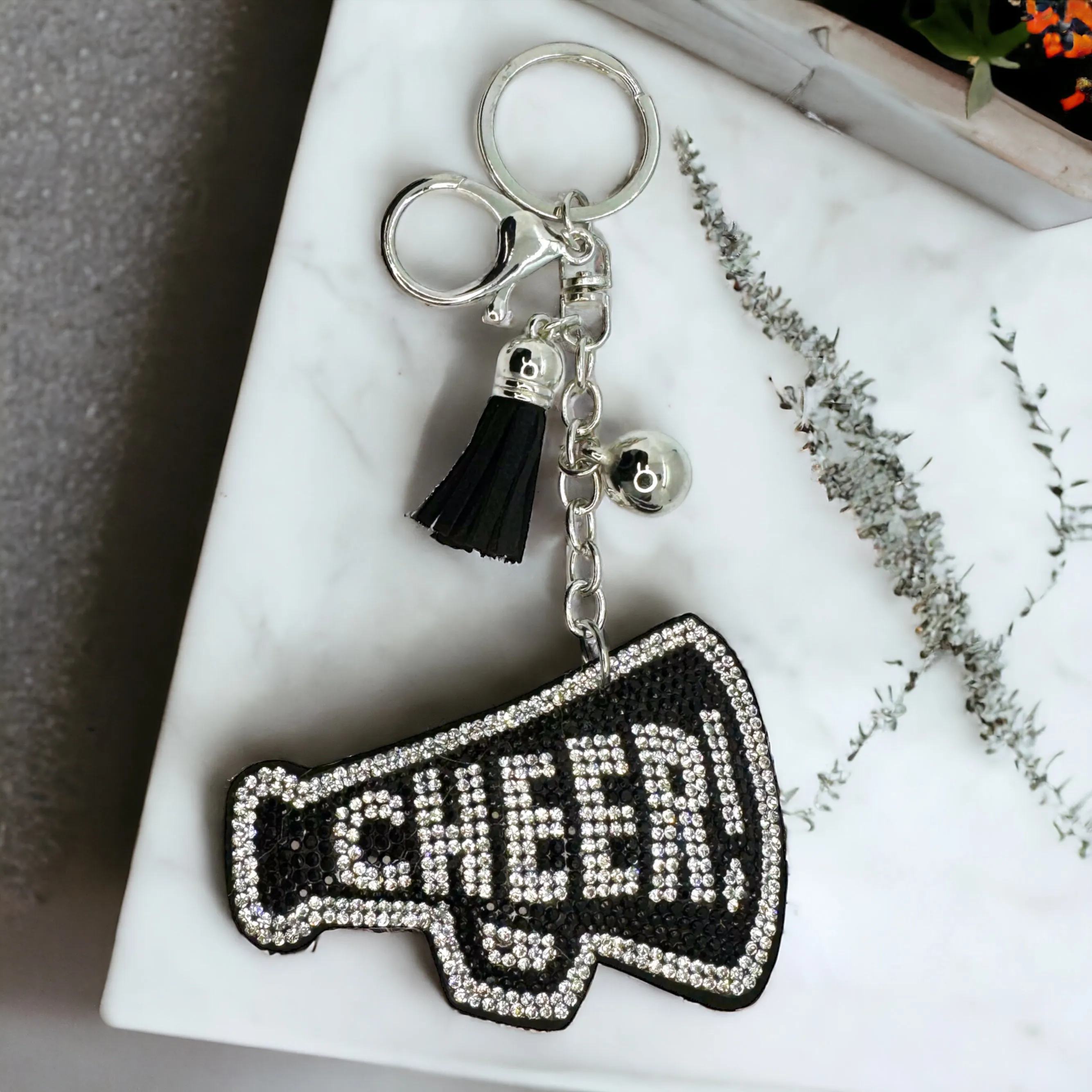 Cheer Keychain - Cheerleader Bag Charm, Cheerleader Keychain, Rhinestone Cheer Keychain, Black and White, Cheer Coach Gift, Cheer Mom