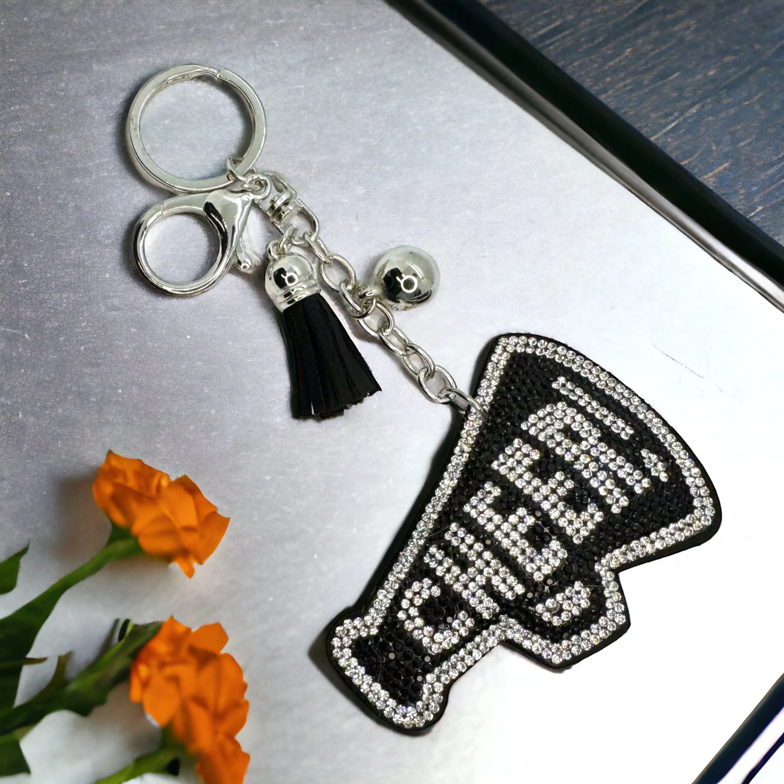 Cheer Keychain - Cheerleader Bag Charm, Cheerleader Keychain, Rhinestone Cheer Keychain, Black and White, Cheer Coach Gift, Cheer Mom