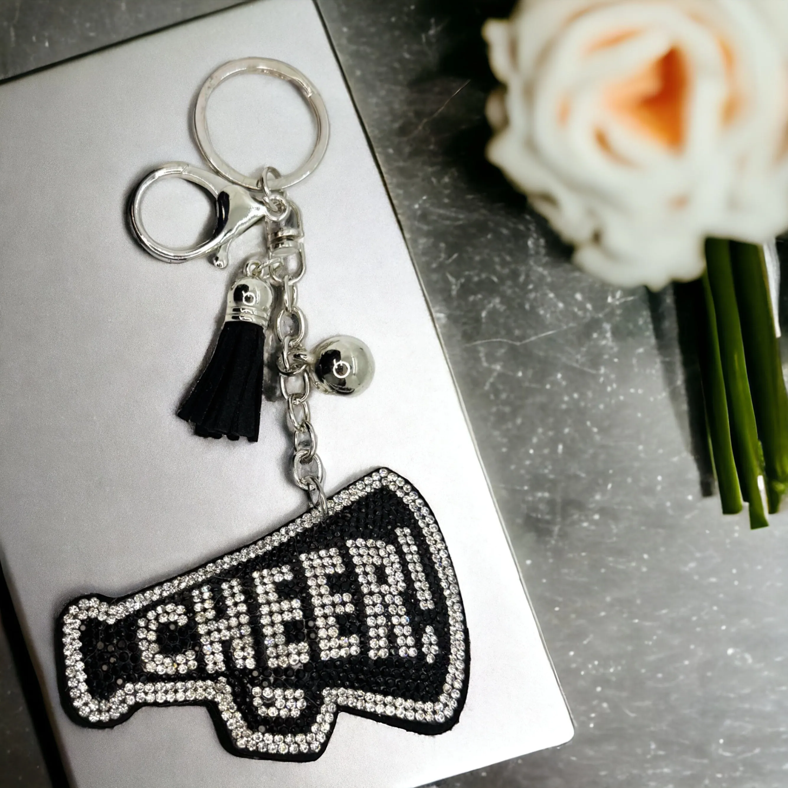 Cheer Keychain - Cheerleader Bag Charm, Cheerleader Keychain, Rhinestone Cheer Keychain, Black and White, Cheer Coach Gift, Cheer Mom