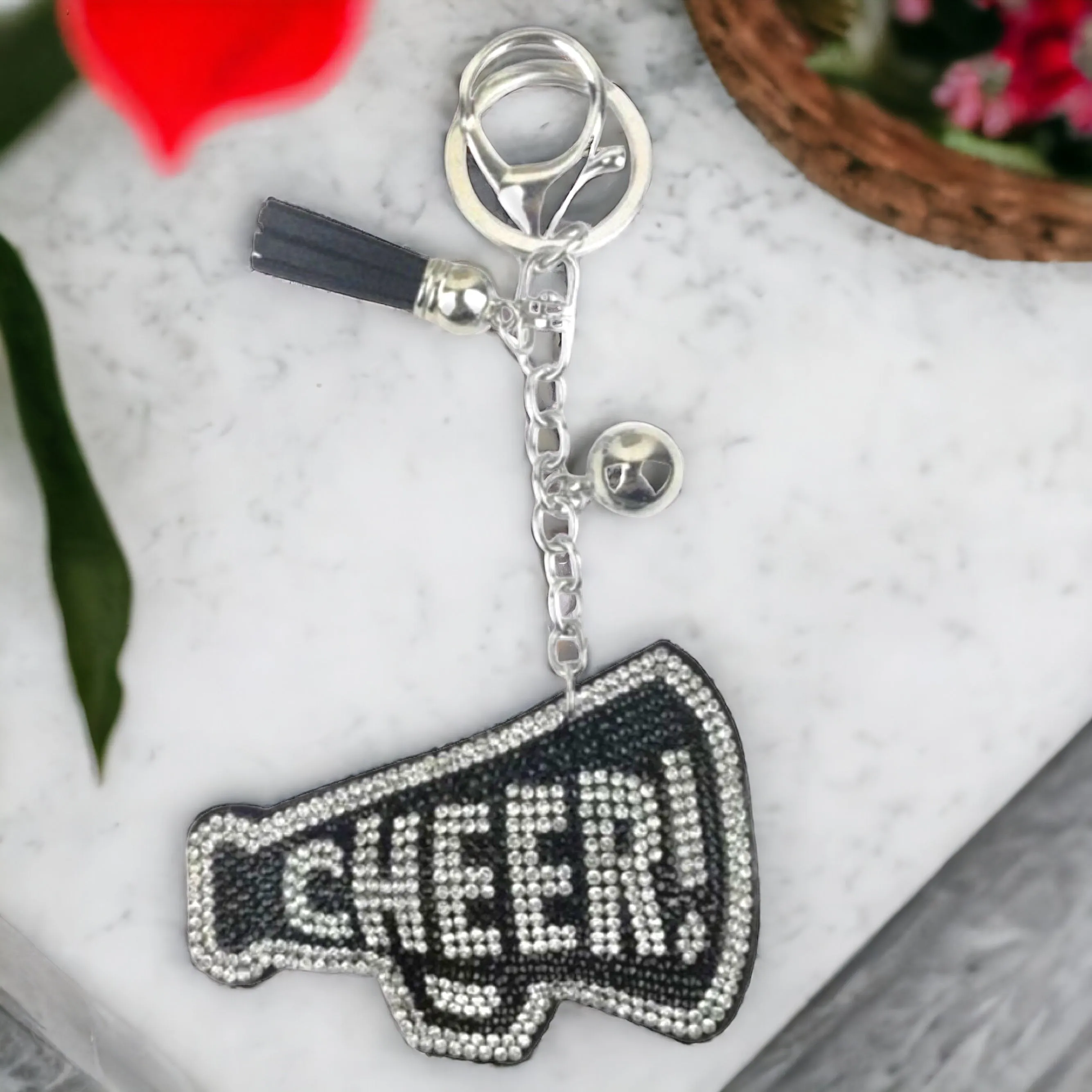 Cheer Keychain - Cheerleader Bag Charm, Cheerleader Keychain, Rhinestone Cheer Keychain, Black and White, Cheer Coach Gift, Cheer Mom