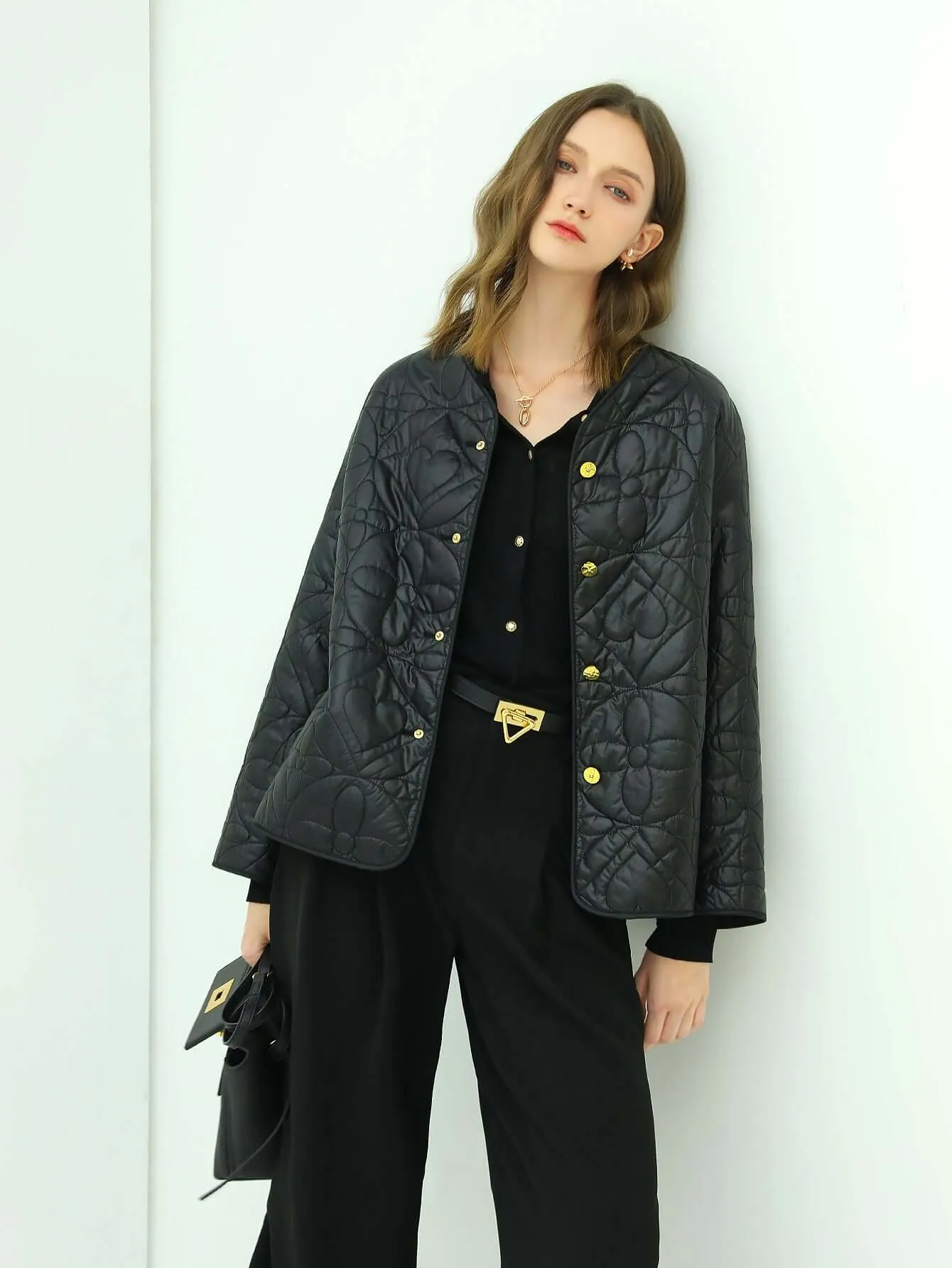 Chic Floral Quilted Black Lightweight Jacket