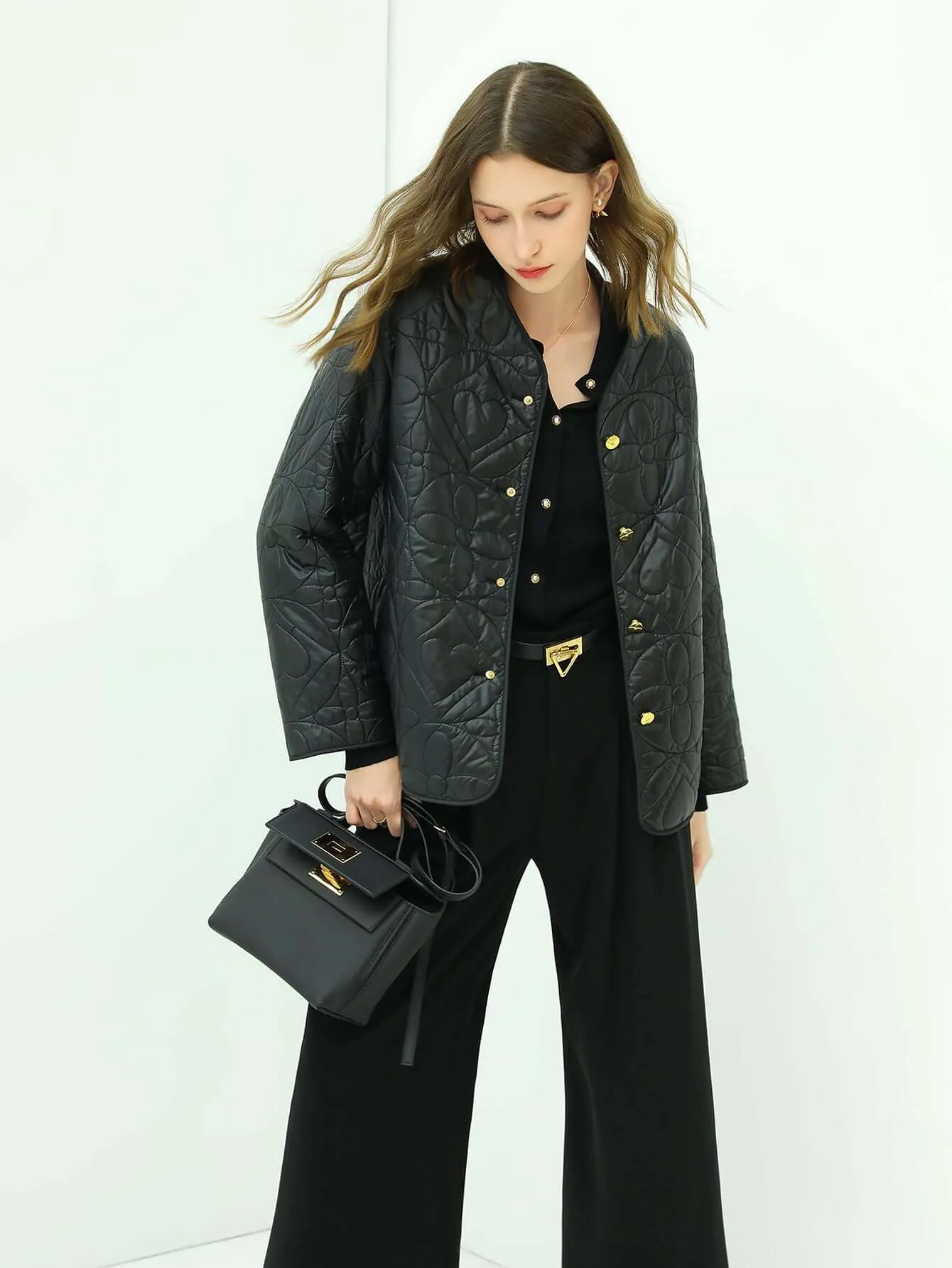 Chic Floral Quilted Black Lightweight Jacket