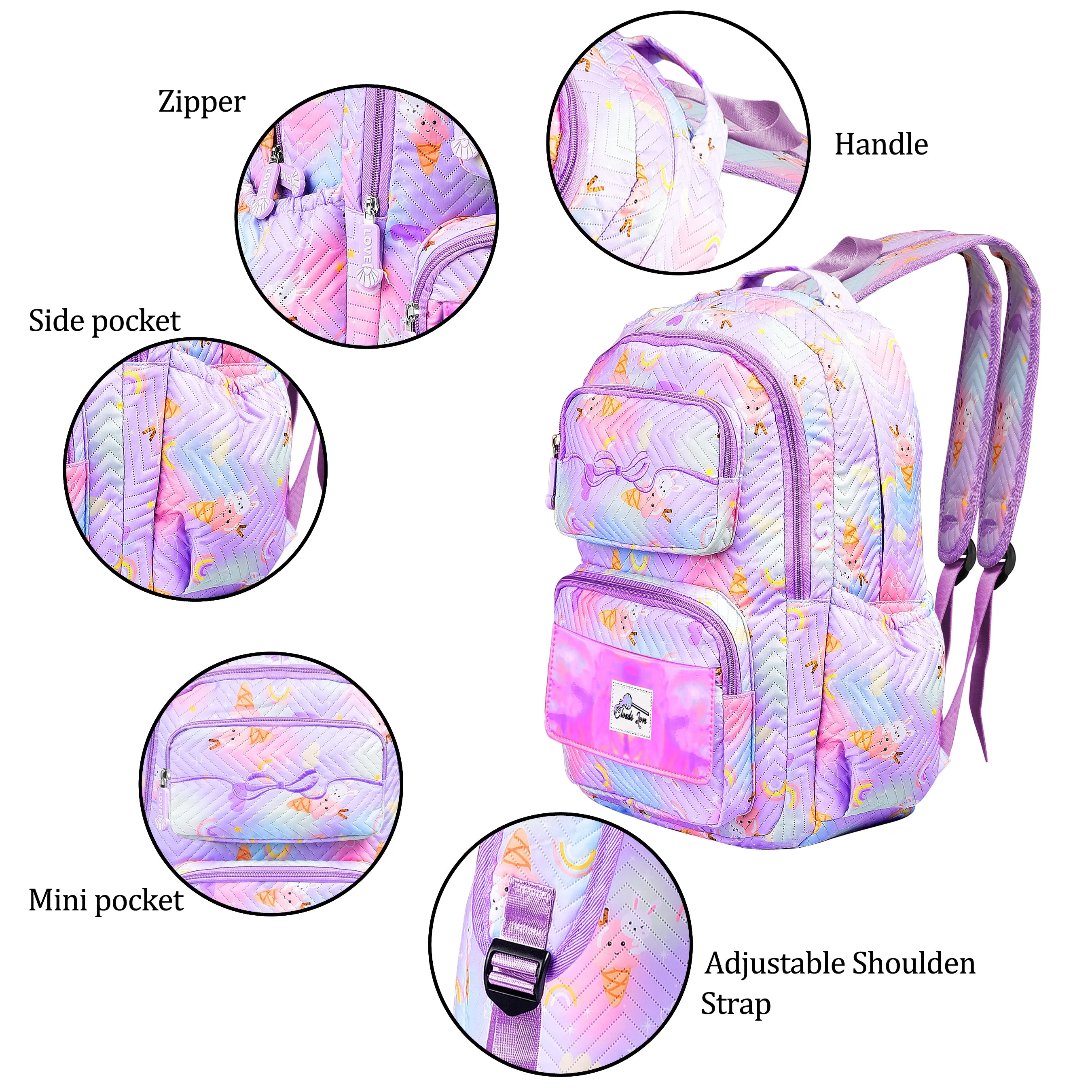 Clouds Love School Bag for Girls Kids Stylish Waterproof Girls School Bag Fashionable Large Capacity School Backpack for Girls Gift School Bag for Kids Girls (6-12 Years Old)Purple