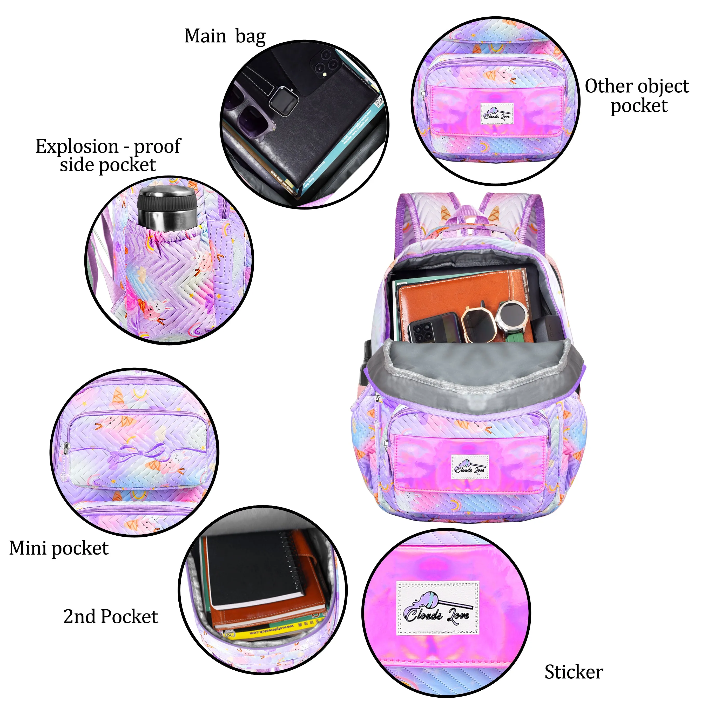 Clouds Love School Bag for Girls Kids Stylish Waterproof Girls School Bag Fashionable Large Capacity School Backpack for Girls Gift School Bag for Kids Girls (6-12 Years Old)Purple