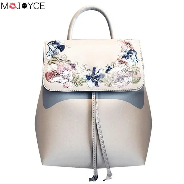 Fashion Mini Embroidery Flower Women Backpacks PU Leather Casual Drawstring Shoulder Bucket Schoolbags Mochilas Female