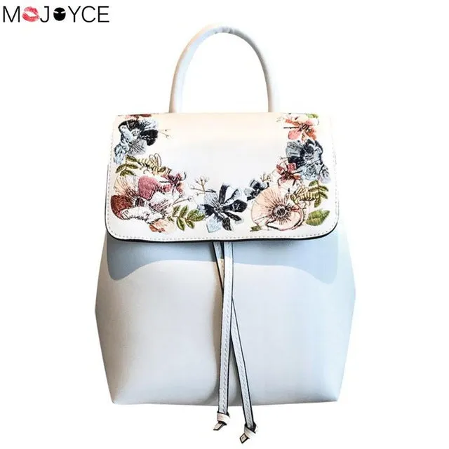 Fashion Mini Embroidery Flower Women Backpacks PU Leather Casual Drawstring Shoulder Bucket Schoolbags Mochilas Female