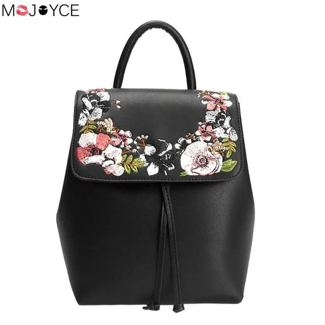 Fashion Mini Embroidery Flower Women Backpacks PU Leather Casual Drawstring Shoulder Bucket Schoolbags Mochilas Female