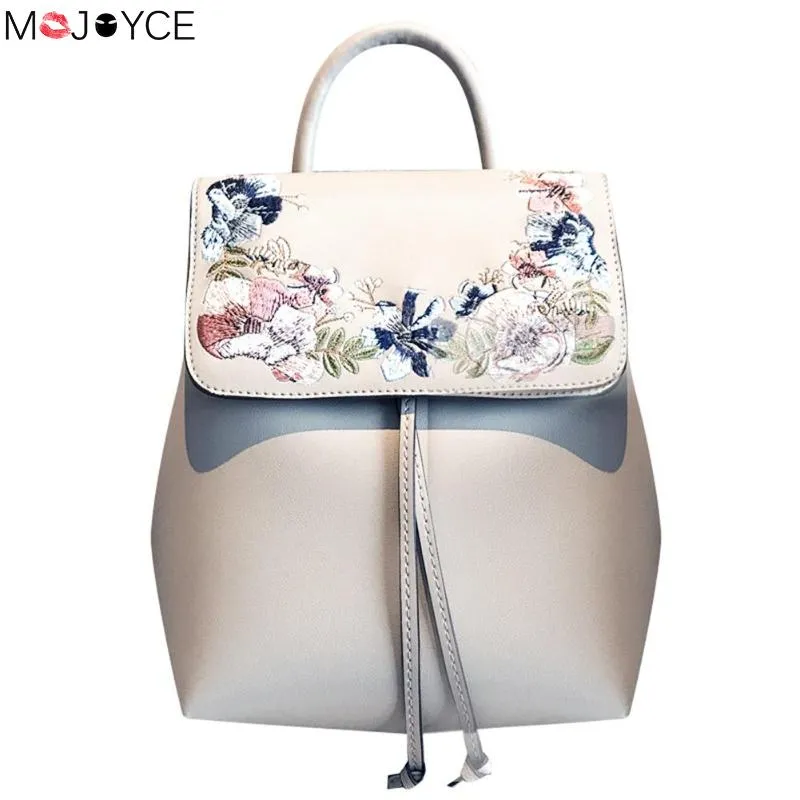 Fashion Mini Embroidery Flower Women Backpacks PU Leather Casual Drawstring Shoulder Bucket Schoolbags Mochilas Female