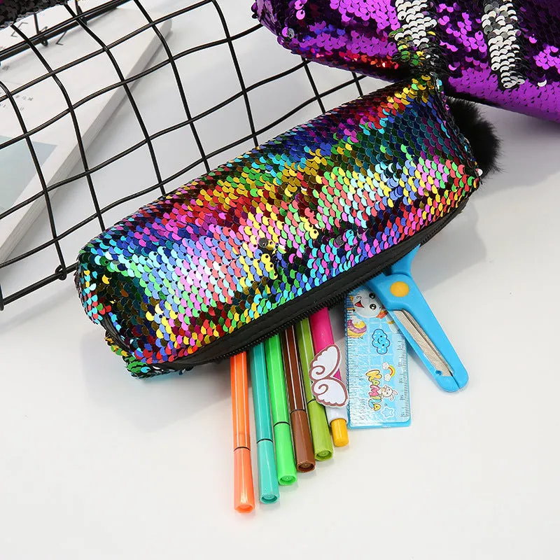 Importikaah I Fashion Sequin Hairball Pencil Case School Supplies I Stationery Gift Cute Pencil Box I Pencil Case School Tools I Pencil Cases (Random Colors)