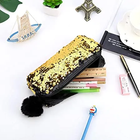 Importikaah I Fashion Sequin Hairball Pencil Case School Supplies I Stationery Gift Cute Pencil Box I Pencil Case School Tools I Pencil Cases (Random Colors)