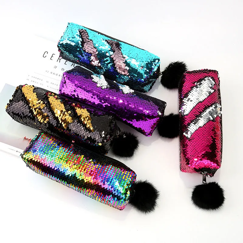 Importikaah I Fashion Sequin Hairball Pencil Case School Supplies I Stationery Gift Cute Pencil Box I Pencil Case School Tools I Pencil Cases (Random Colors)