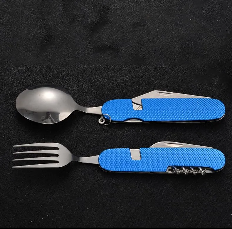 Kuber Industries 4 in 1 Folding Fork Knife Spoon Set | Multi-Tool Camping Folding Pocket Knife | Spoon, Bottle Opener & Fork Set | Blue