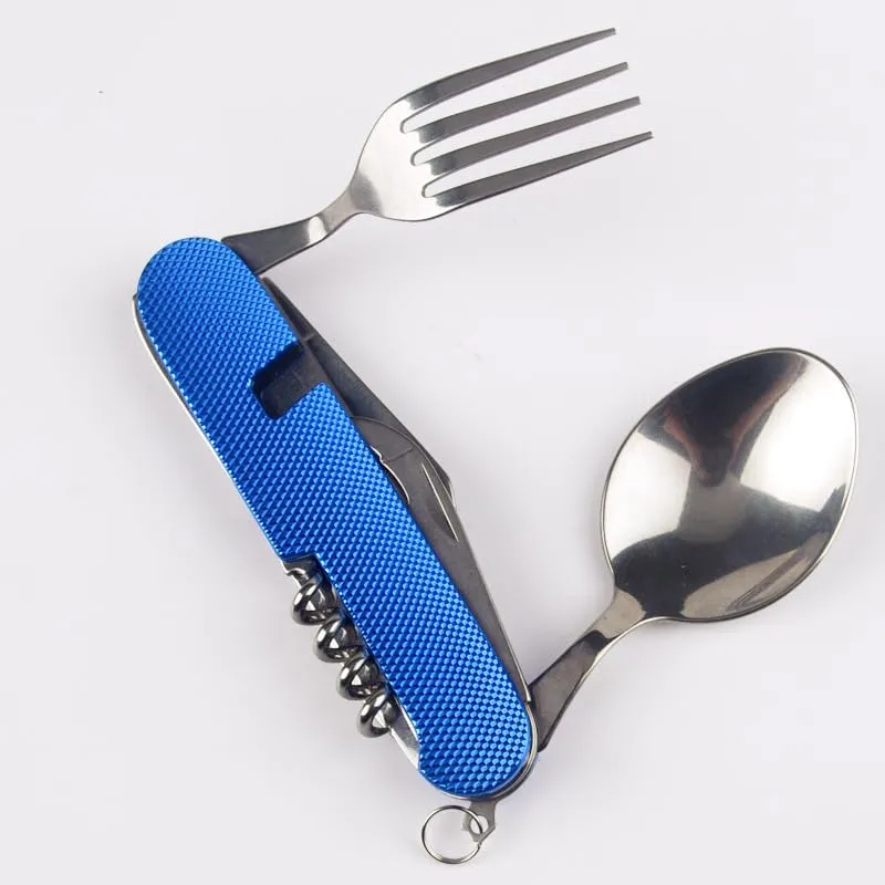 Kuber Industries 4 in 1 Folding Fork Knife Spoon Set | Multi-Tool Camping Folding Pocket Knife | Spoon, Bottle Opener & Fork Set | Blue