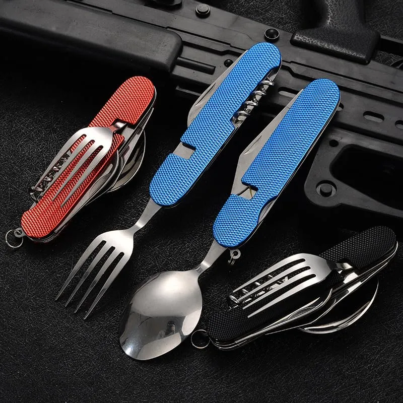 Kuber Industries 4 in 1 Folding Fork Knife Spoon Set | Multi-Tool Camping Folding Pocket Knife | Spoon, Bottle Opener & Fork Set | Blue