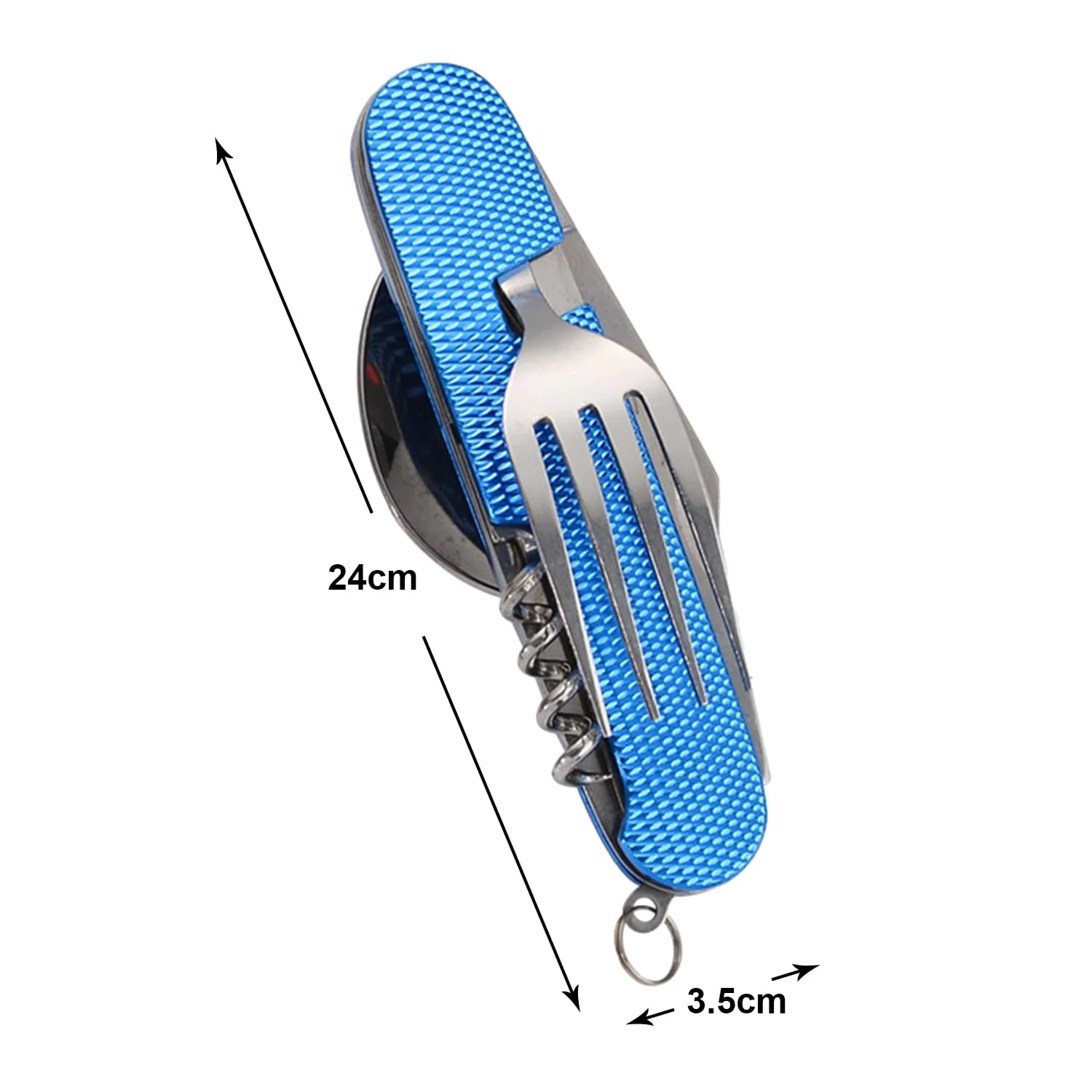 Kuber Industries 4 in 1 Folding Fork Knife Spoon Set | Multi-Tool Camping Folding Pocket Knife | Spoon, Bottle Opener & Fork Set | Blue