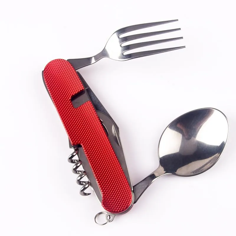 Kuber Industries 4 in 1 Folding Fork Knife Spoon Set | Multi-Tool Camping Folding Pocket Knife | Spoon, Bottle Opener & Fork Set | Red