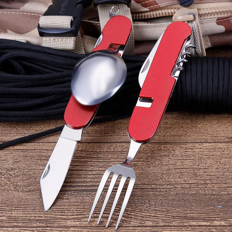 Kuber Industries 4 in 1 Folding Fork Knife Spoon Set | Multi-Tool Camping Folding Pocket Knife | Spoon, Bottle Opener & Fork Set | Red