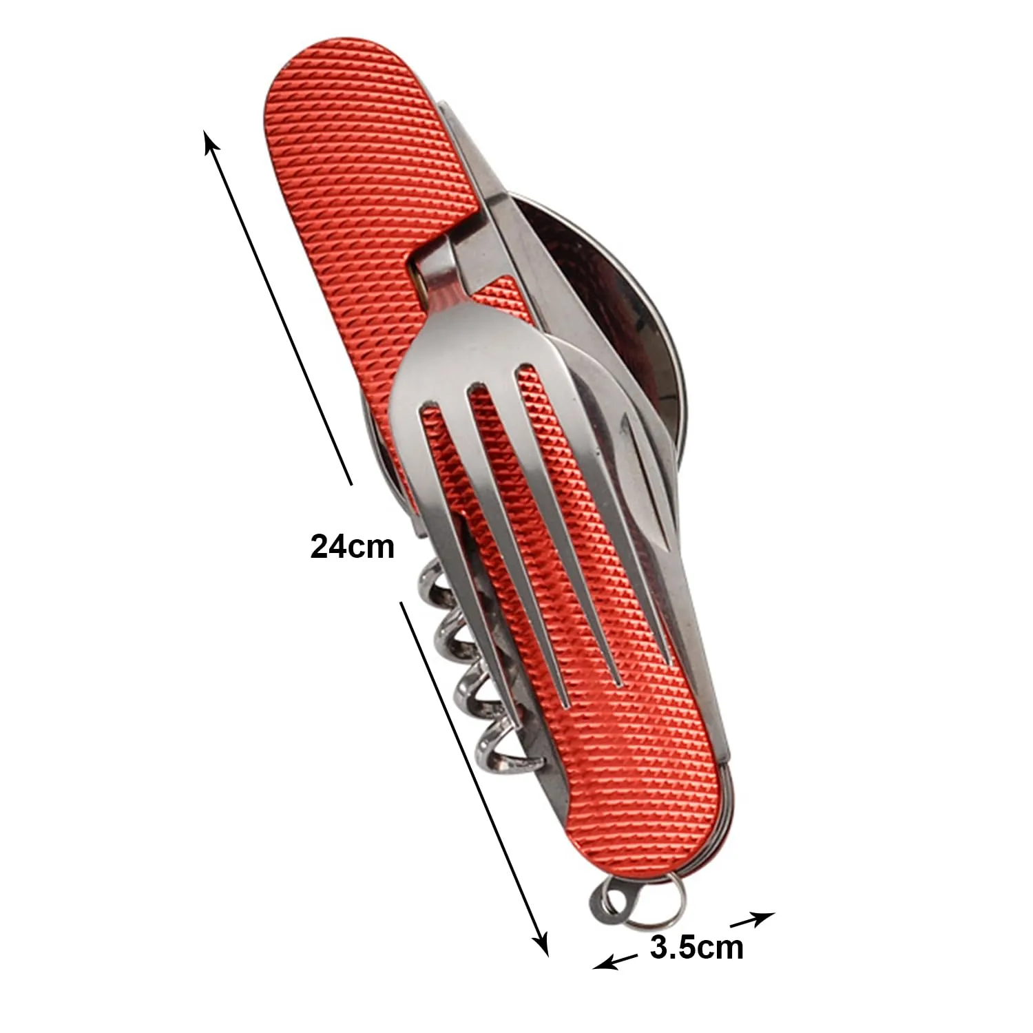 Kuber Industries 4 in 1 Folding Fork Knife Spoon Set | Multi-Tool Camping Folding Pocket Knife | Spoon, Bottle Opener & Fork Set | Red