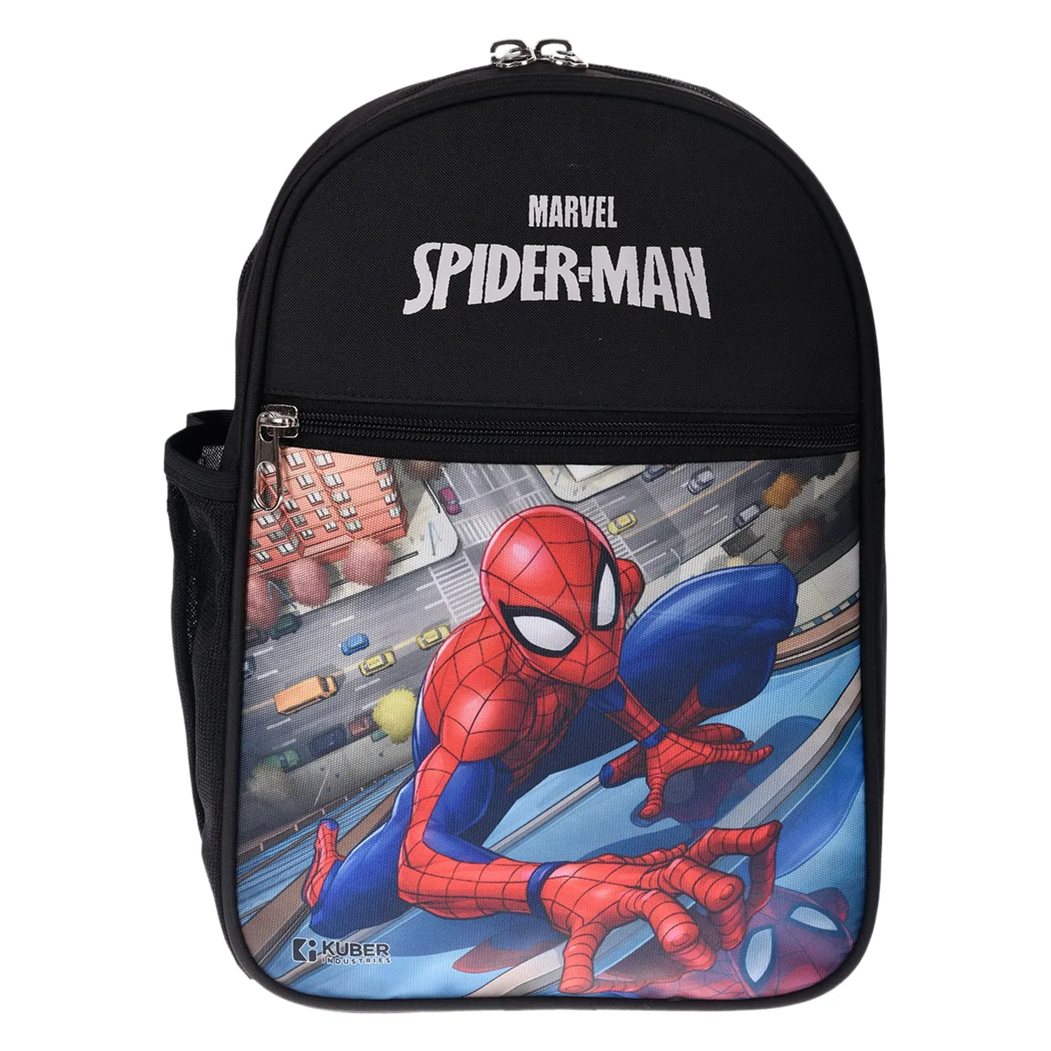 Kuber Industries Marvel Spider-Man School Bag|2 Compartment Rexine School Bagpack|School Bag for Kids|School Bags for Girls with Zipper Closure|Small Size (Black)