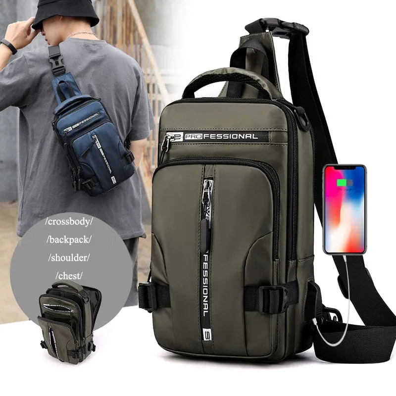 Men Waterproof USB Charging Port Backpack & Crossbody Bag