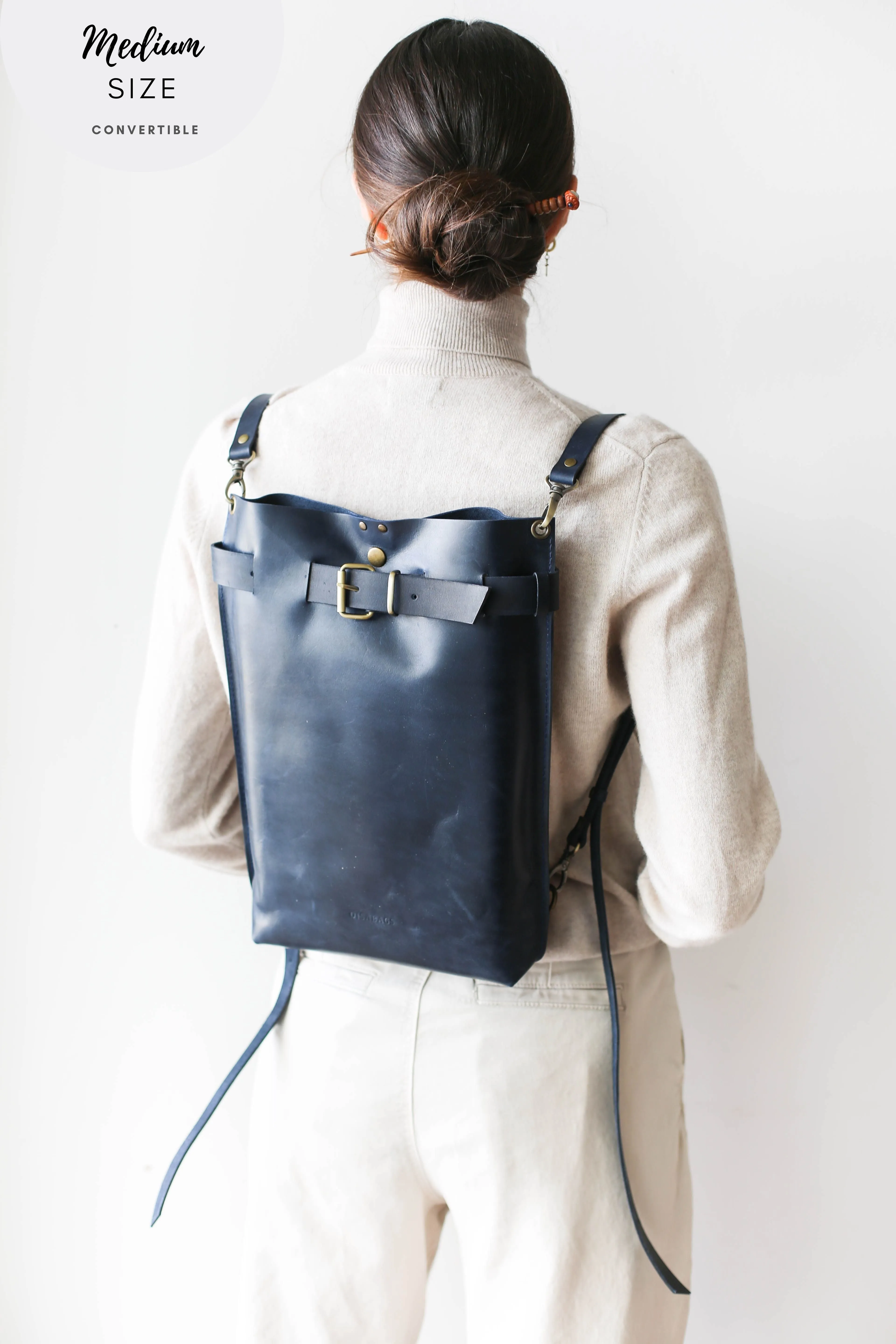 Navy Blue Large Leather Backpack