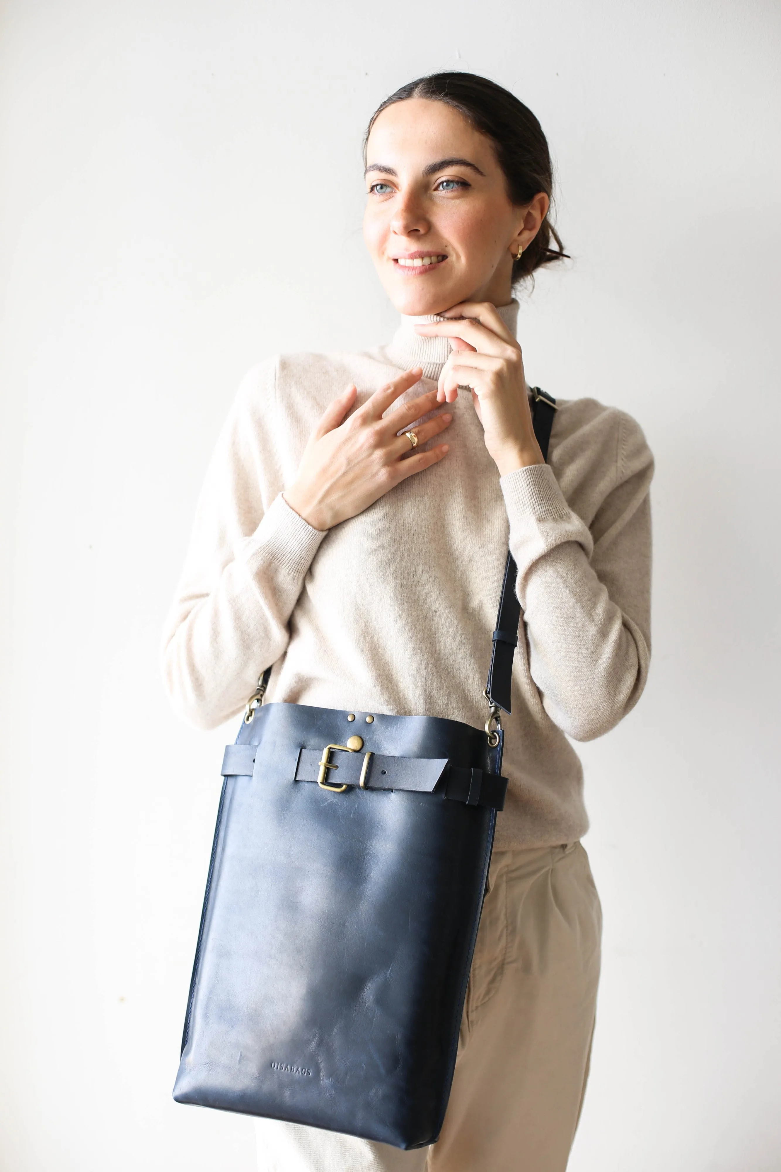 Navy Blue Large Leather Backpack