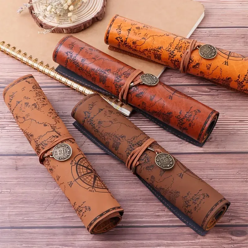 PU Leather Rollup Pen Bag Vintage Creative Map Pencil Case