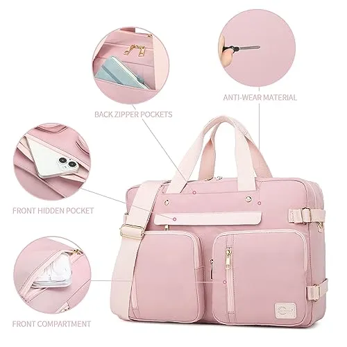 seyfocnia Messenger Bag for Women,Laptop Backpack Fits 17.3 Inch Laptop Bag Handbag Business Briefcases for Women Convertible Briefcase Backpack Shoulder Bag for Work-Pink