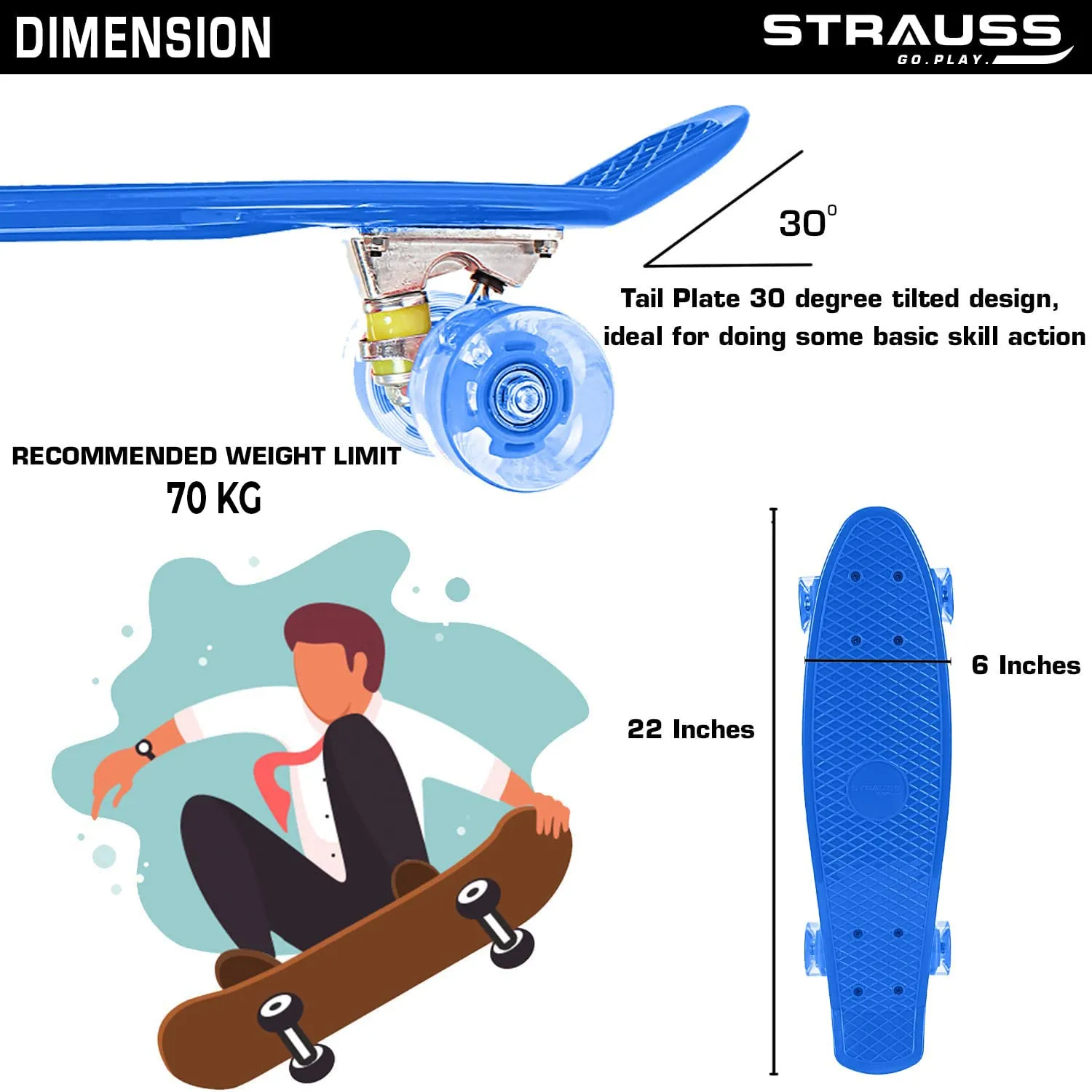 STRAUSS Cruiser PW Skateboard | Penny Skateboard | Casterboard | Hoverboard | Anti-Skid Board with ABEC-7 High Precision Bearings | Ideal for All Above 8 Years | 22 X 6 Inch,(Blue)