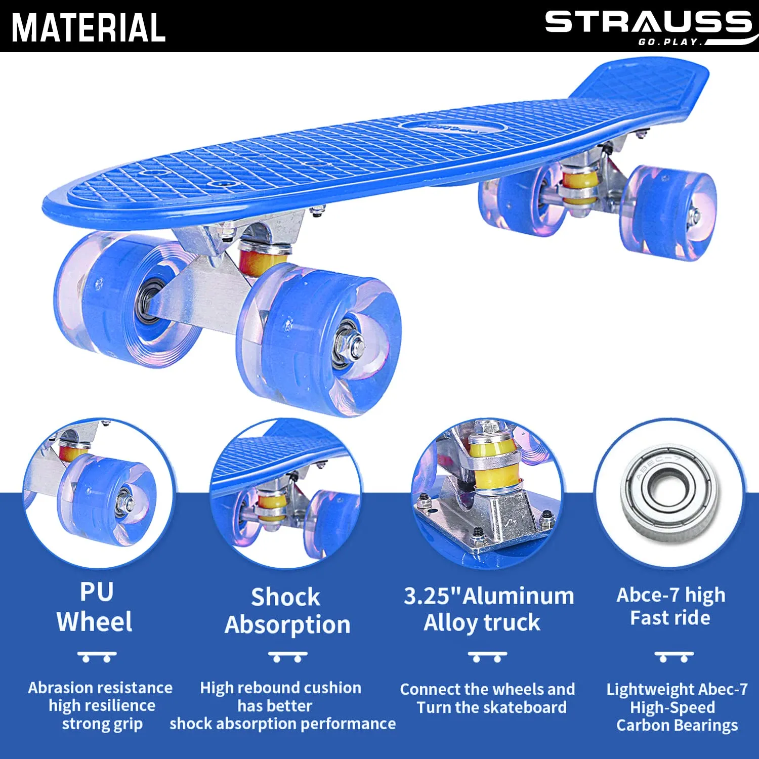 STRAUSS Cruiser PW Skateboard | Penny Skateboard | Casterboard | Hoverboard | Anti-Skid Board with ABEC-7 High Precision Bearings | Ideal for All Above 8 Years | 22 X 6 Inch,(Blue)