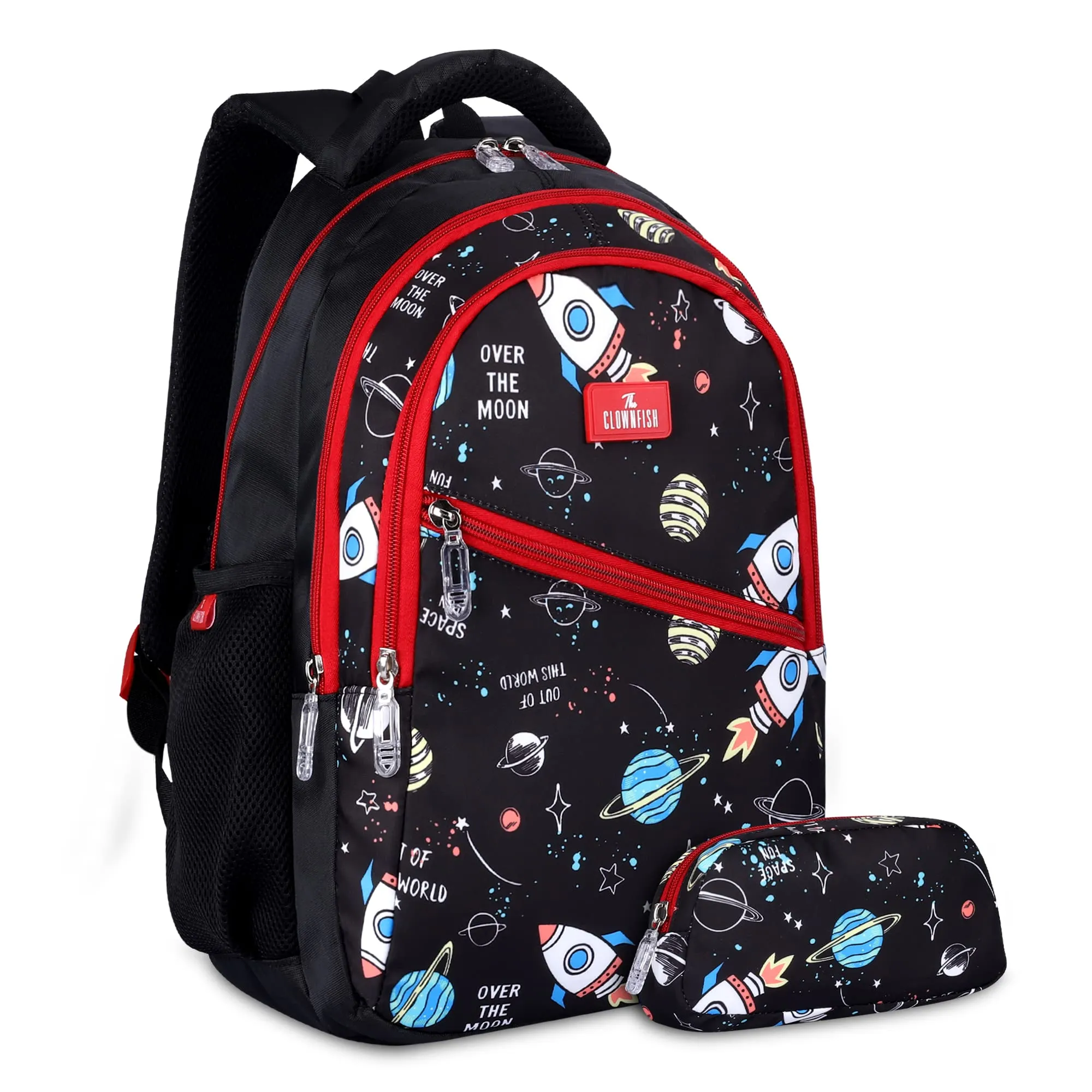 THE CLOWNFISH Brainbox Series Printed Polyester 30 L Standard Backpack With Pencil/Staionery Pouch School Bag Front Cross Zip Pocket Daypack Picnic Bag For Boys & Girls, Age 8-10 Years (Jet Black)