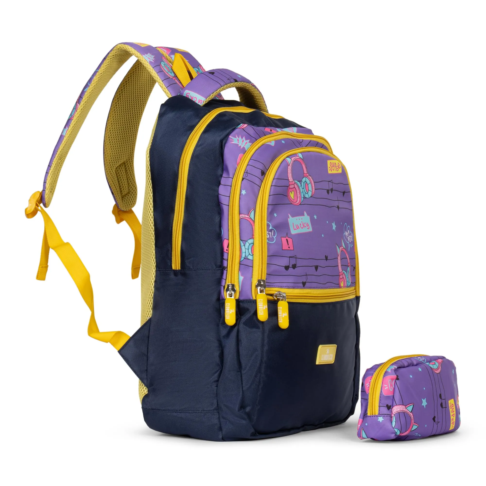 The Clownfish Edutrek Series Printed Polyester 33.5 L School Backpack with Pencil/Stationery Pouch School Bag Zip Pocket Daypack Picnic Bag For School Going Boys & Girls Age-10  years (Violet - Music)