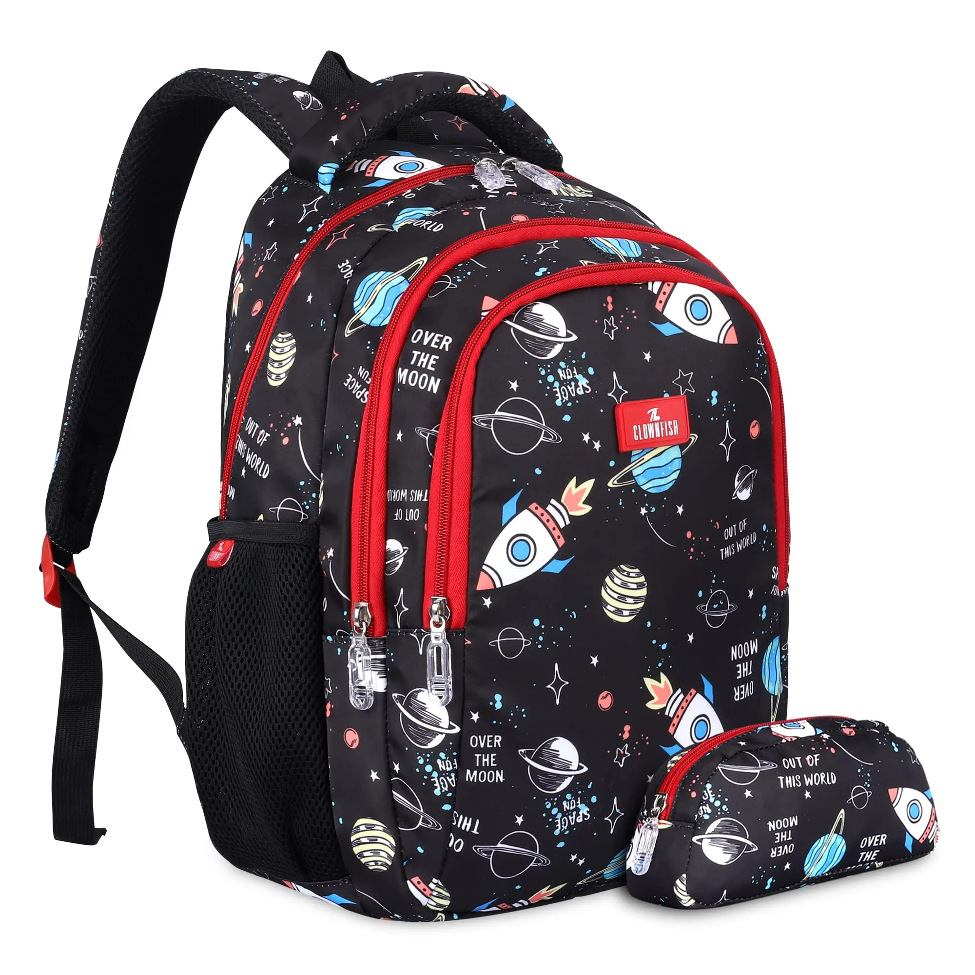 THE CLOWNFISH Scholastic Series Printed Polyester 30 L School Standard Backpack With Pencil/Staionery Pouch School Bag Daypack Picnic Bag For School Going Boys & Girls Age 8-10 Years (Jet Black)