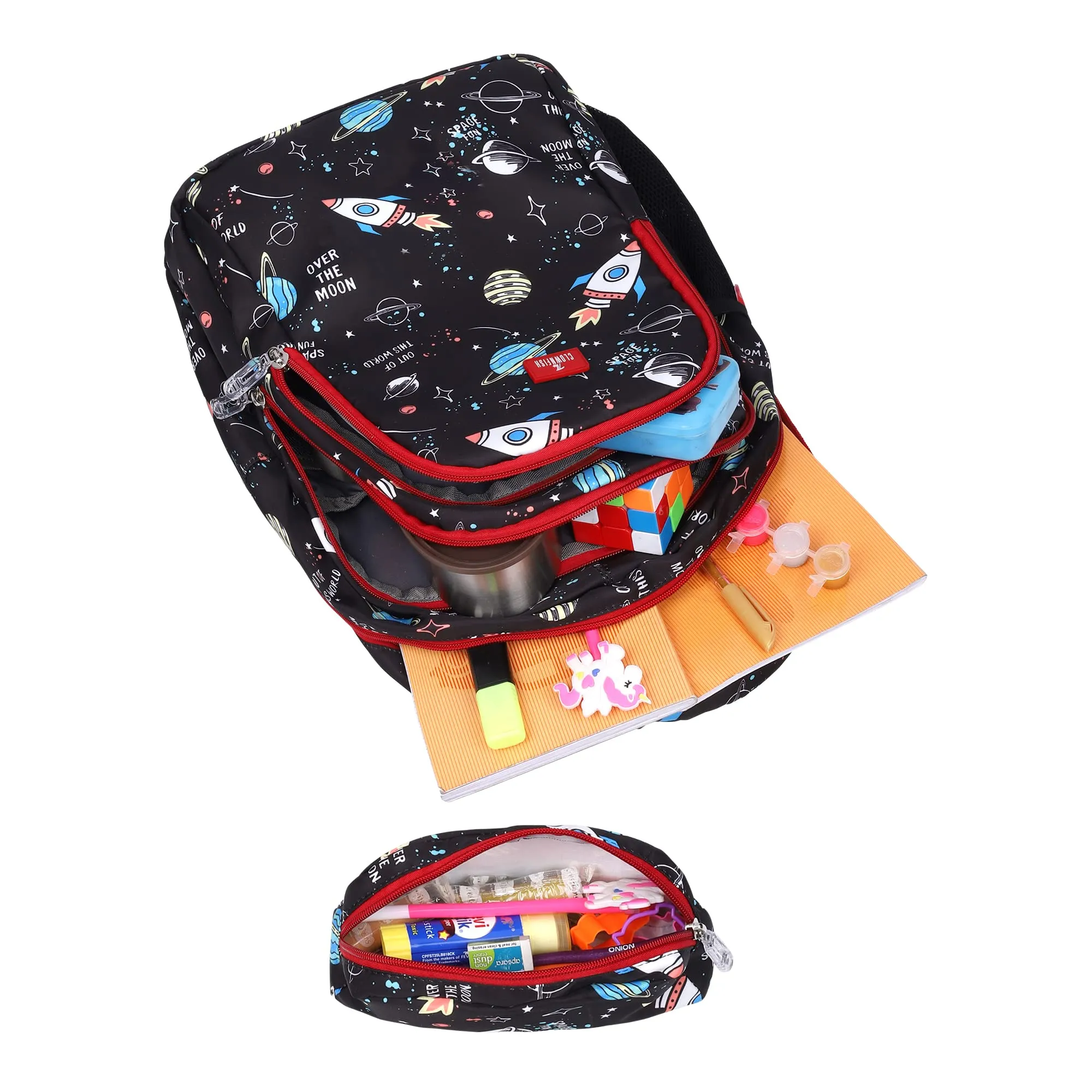 THE CLOWNFISH Scholastic Series Printed Polyester 30 L School Standard Backpack With Pencil/Staionery Pouch School Bag Daypack Picnic Bag For School Going Boys & Girls Age 8-10 Years (Jet Black)