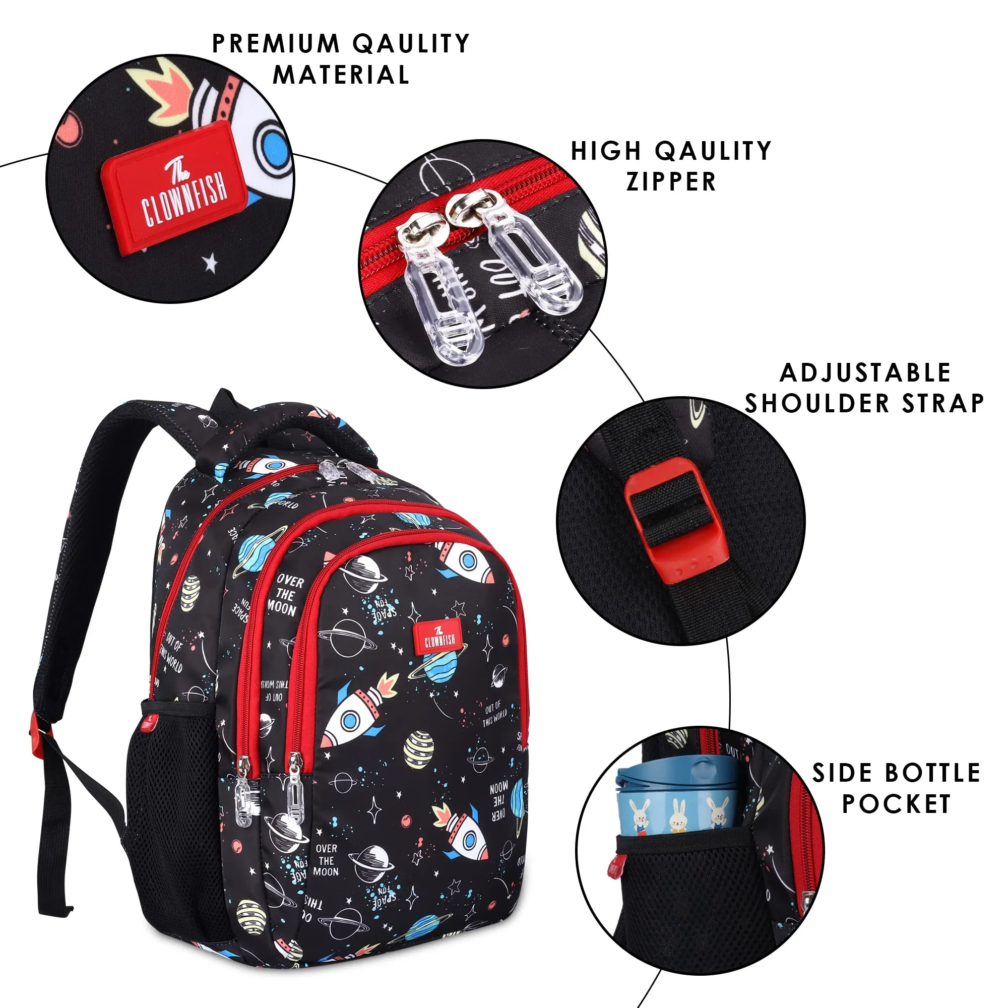 THE CLOWNFISH Scholastic Series Printed Polyester 30 L School Standard Backpack With Pencil/Staionery Pouch School Bag Daypack Picnic Bag For School Going Boys & Girls Age 8-10 Years (Jet Black)