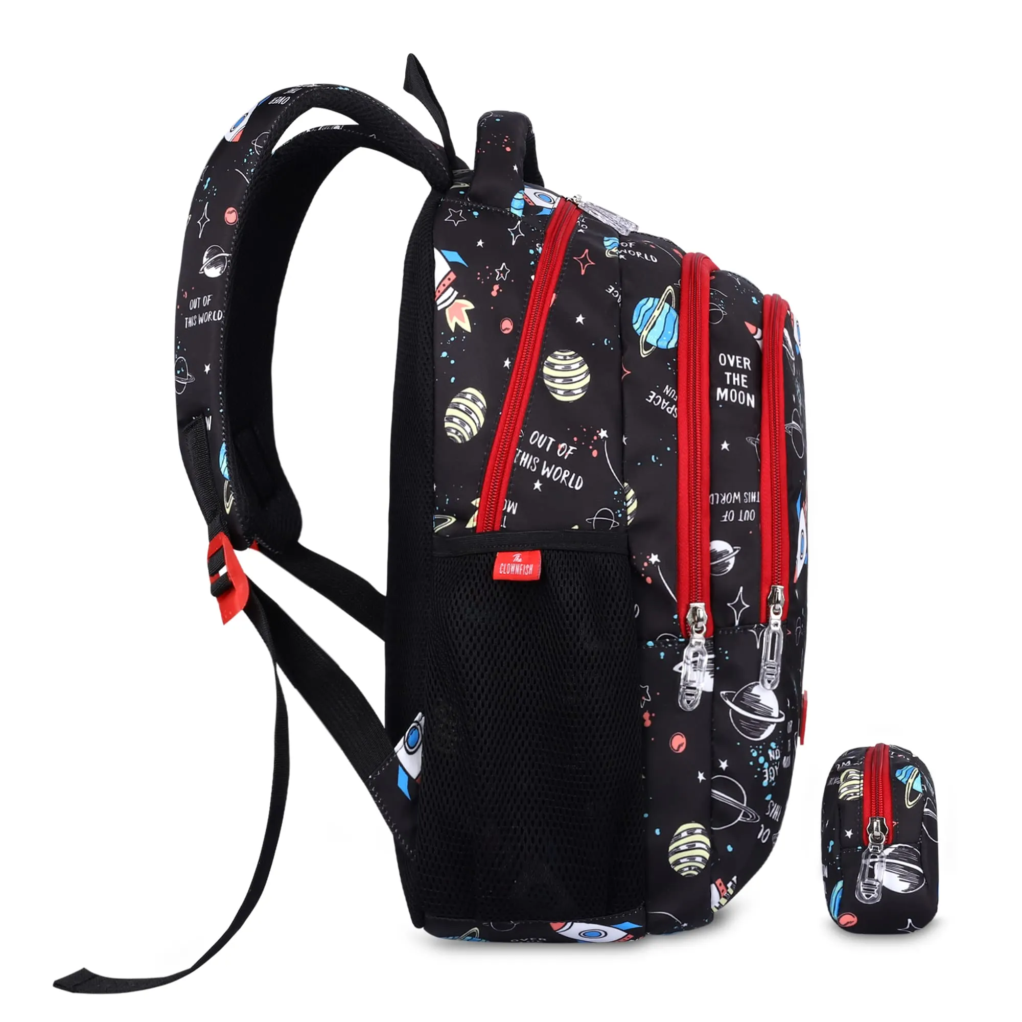 THE CLOWNFISH Scholastic Series Printed Polyester 30 L School Standard Backpack With Pencil/Staionery Pouch School Bag Daypack Picnic Bag For School Going Boys & Girls Age 8-10 Years (Jet Black)