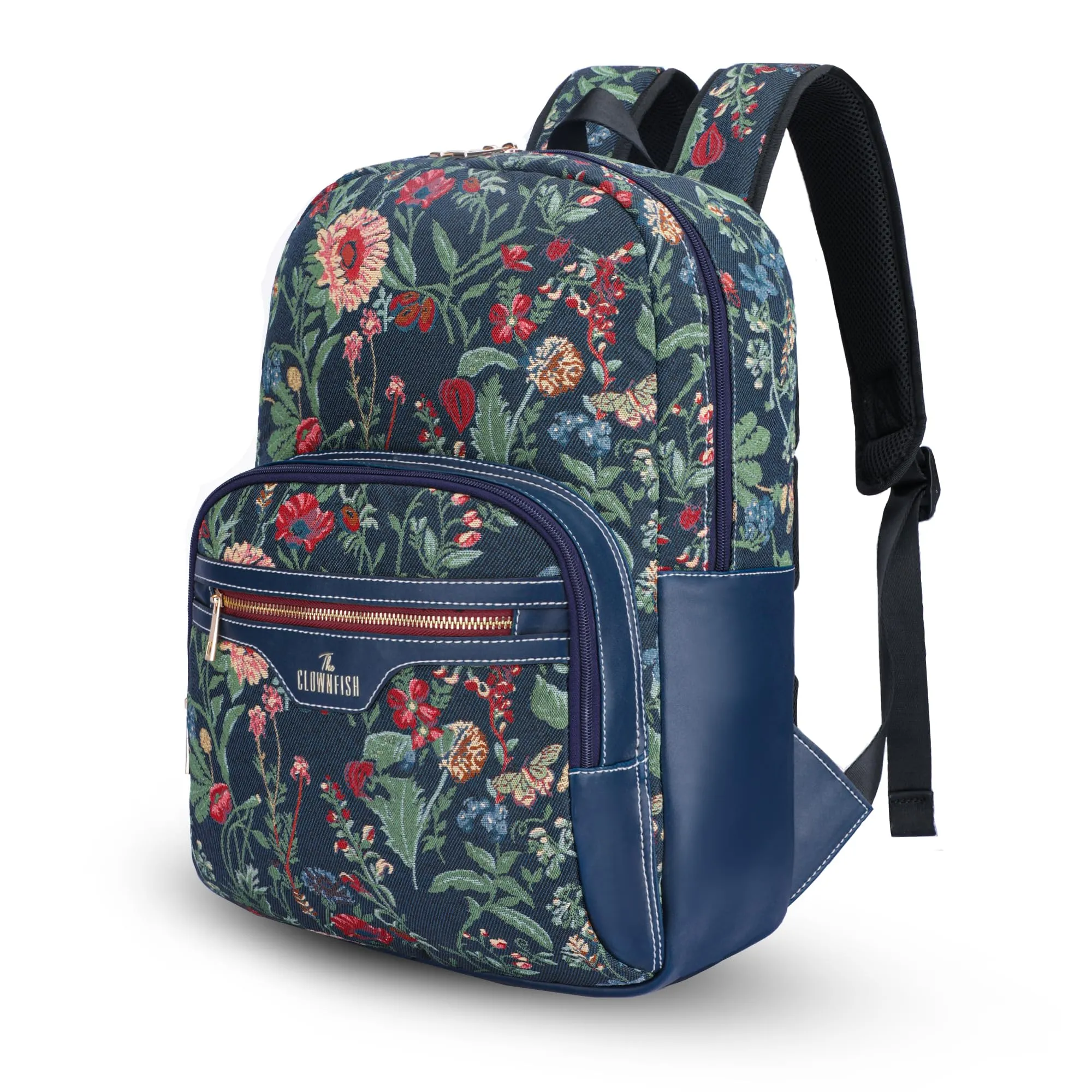 THE CLOWNFISH Techlux Collection Tapestry Fabric & Vegan Leather 15.6 inch Womens Laptop Backpack with Trolley Strap Travel Backpack for Women Office College Going Girls (Navy Blue)